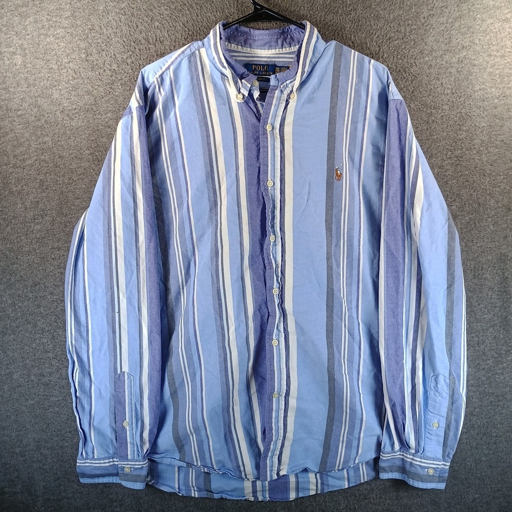 Polo Ralph Lauren Custom Fit Shirt Mens XXL Flesh Pony Blue Striped Long Sleeve